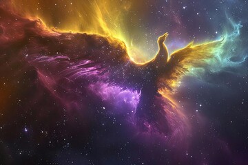 A ghostly nebula forming the shape of a phoenix With vibrant colors and a starry backdrop