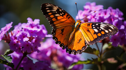 An up-close view of a colorful butterfly on a blooming flower.
