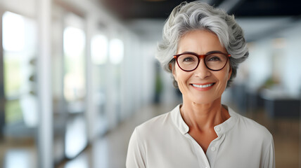 Close-up portrait of smiling american senior businesswoman standing in the office while looking at camera