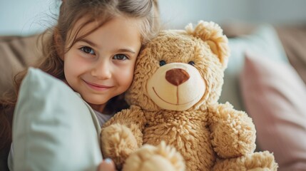 Little girl hugs big favorite soft toy and smiles feeling affection. Happy preschool child holding plush bear rejoicing at cool gift from parents or relatives