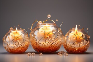  a group of three candles sitting next to each other on top of a glass vase with filigrees on the sides of the candle holders and bubbles around it.
