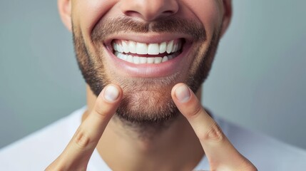 Man smiles broadly and shows off snow-white healthy teeth after going to dentist. Happy guy pointing fingers at mouth recommends good toothpaste for beaming smile - obrazy, fototapety, plakaty