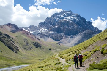 Fototapeta na wymiar A high-altitude hiking adventure to a remote mountain peak with guided eco-tours