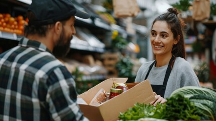 Optimistic woman courier handing out delivered food items to man online store customer. Young girl supermarket worker with smile serves customer and makes career in retail field