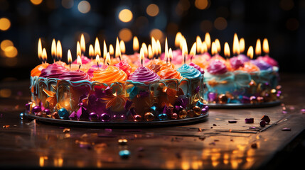 Colored birthday cake with different colored candles. Colored lights and confetti