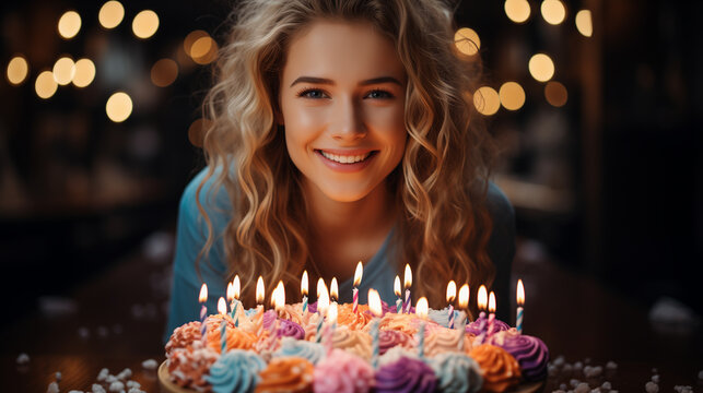 Beautiful curly girl with birthday cake with candles, soft focus background