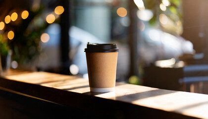 coffee cup on counter with cafe background. Ideal for cafe design mockups