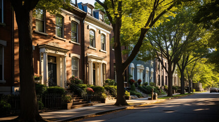 A classic brick townhouse on a tree-lined street in a historic city neighborhood.