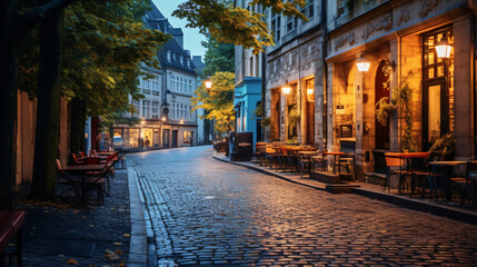 Fototapeta na wymiar A classic European city street with historic buildings cobblestone roads and quaint cafes.