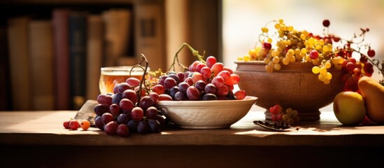 Selective focus on table with book and wooden bowl filled with seasonal fruit.