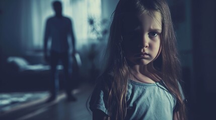 Unhappy little girl standing near man figure ghost feeling mad and furious. Sad small child cry suffer from domestic violence