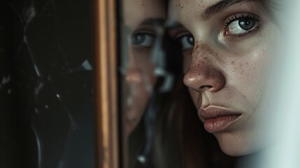 Unhappy woman with black eye looks in mirror or out window. Girl suffers after getting bruise from domestic violence and needs help and support of friends or psychotherapist - obrazy, fototapety, plakaty