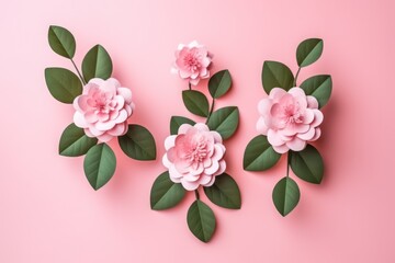 Naklejka na ściany i meble three pink flowers with green leaves on a pink background, top view,
