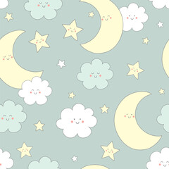 Seamless pattern with cute moon. Background for kids with sleeping moon, stars and clouds. Vector illustration. It can be used for wallpapers, wrapping, cards, patterns for clothes and other.