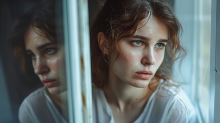 Unhappy woman with black eye looks in mirror or out window. Girl suffers after getting bruise from domestic violence and needs help and support of friends or psychotherapist - obrazy, fototapety, plakaty
