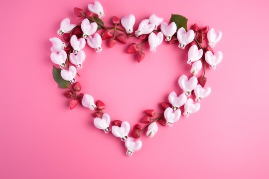  a heart shaped arrangement of white and red flowers on a pink background with copy - space in the middle of the image for a valentine's day or valentine's day message.