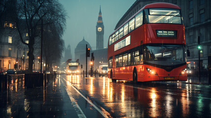A classic London double-decker bus and an iconic British taxi on a rain-slicked city street evoking a typical London scene. - obrazy, fototapety, plakaty