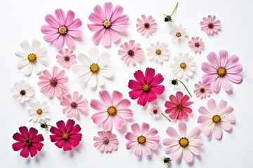  a bunch of pink and white flowers sitting on top of a white surface with one pink flower in the middle of the picture and one pink flower in the middle of the picture.