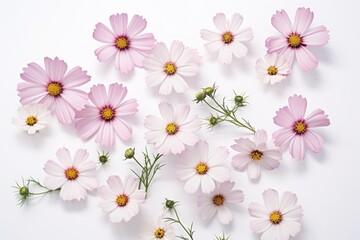  a bunch of pink and white flowers laying on top of each other on a white surface with a yellow center surrounded by smaller pink and white flowers on the top.