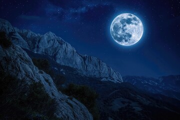 Naklejka na ściany i meble A mystical full moon hiking experience in a mountain range with night-time wildlife spotting