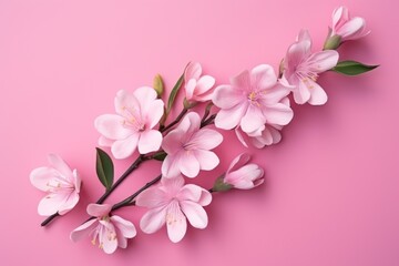 Naklejka na ściany i meble a branch of pink flowers with green leaves on a pink background, top view, flat lay, copy - up, copy - up, copy - space for text.