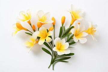 Fototapeta na wymiar a bunch of yellow and white flowers on a white background with space for a text or an image to put on a card or brochure or brochure.