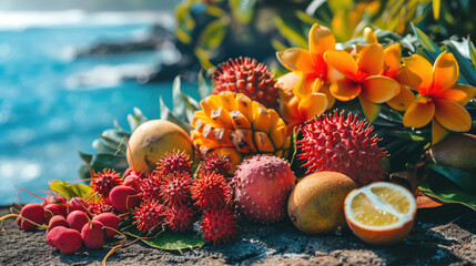 Obraz na płótnie Canvas Exotic tropical fruits on the background of azure sea