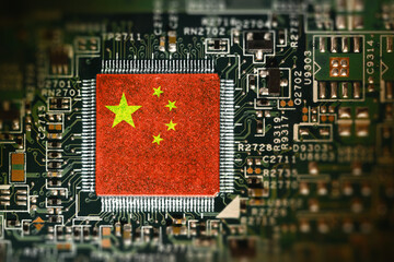 Flag of China on a processor. Computer board with chip.