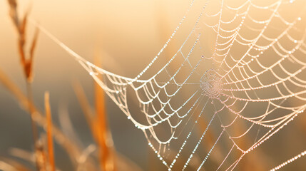 A close-up of a dew-covered spider web in the early morning light. - obrazy, fototapety, plakaty