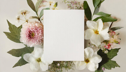 Invitation card mockup adorned with natural flowers, offering a minimalist template for various occasions