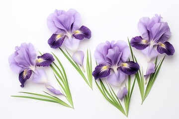  a group of purple flowers sitting next to each other on top of a white surface with long green stems in the middle of the petals and two of the flowers in the middle of the petals.