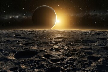 A serene sunrise over a cratered lunar landscape With earth rising in the background