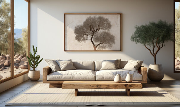 modern living room with sofa and paint in frame