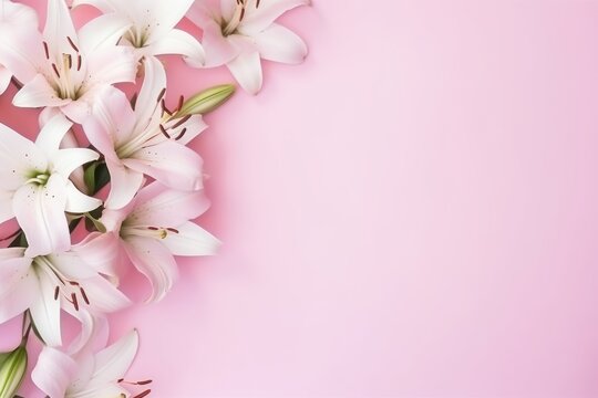  a bouquet of white lilies on a pink background with a place for a text or an image with a place for a text on the left side of the image.
