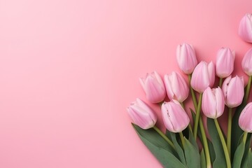  a bouquet of pink tulips with green leaves on a pink background with a place for a text or an image of a bouquet of pink tulips with green leaves on a pink background.
