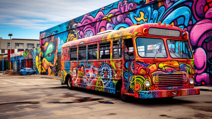 A colorful graffiti-covered bus and a vibrant art car in an urban art district showcasing street art. - obrazy, fototapety, plakaty