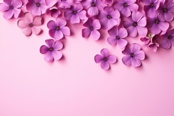 Fototapeta na wymiar a bunch of purple flowers on a pink background with a place for a text or an image of a bunch of purple flowers on a pink background with a place for text.