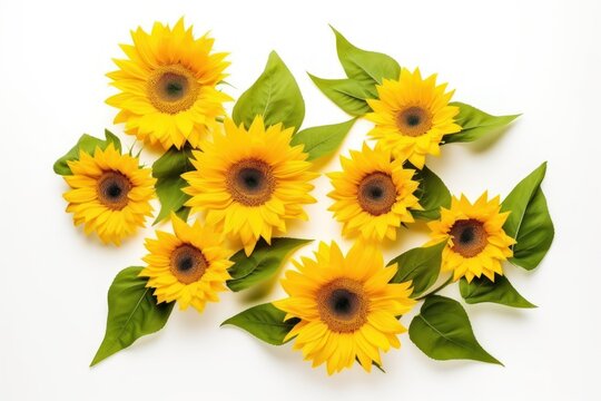  a bunch of yellow sunflowers with green leaves on a white background, top view, flat lay on the floor, with copy space for text, top view.