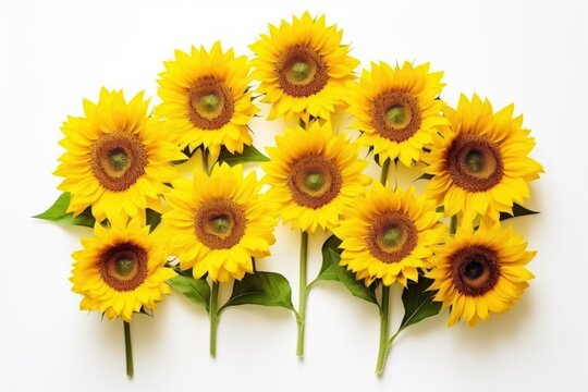  a bunch of yellow sunflowers with green leaves on a white background with space for a text or an image to put on a greeting card or a greeting card.