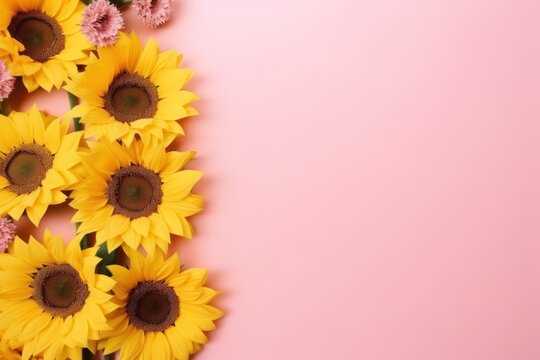  a bunch of sunflowers on a pink background with a place for a text or an image to put on a greeting card or for someone special someone's birthday.