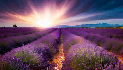 Vibrant purple lavender fields under golden sunlight in Valensole, France, evoking serenity and...