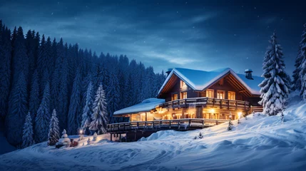 Fotobehang A cozy alpine ski lodge nestled in a snowy mountain landscape perfect for winter sports enthusiasts. © Damian