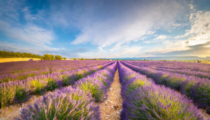 Vibrant purple lavender fields under golden sunlight in Valensole, France, evoking serenity and beauty