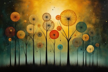  a painting of a field of dandelions with a yellow sky in the background and a yellow sky in the foreground, and a yellow sky in the background.