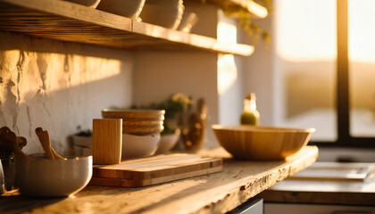 Minimalist kitchen setup: wooden bowls, cutting boards on table against beige wall in modern...