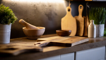 Fototapeta na wymiar Minimalist kitchen setup: wooden bowls, cutting boards on table against beige wall in modern aesthetic