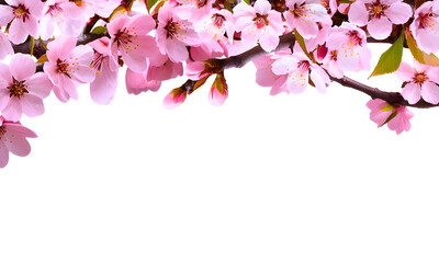 Fototapeta na wymiar Pink spring cherry blossom flowers isolated ona transparent background, flower branches frame with copy space in the middle, Floral border, PNG. 