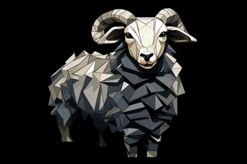  a black and white picture of a ram in low polygonic style, on a black background, with the head of a ram in the center of the image of a low polygonic shape of the ram.