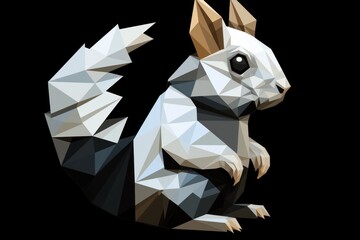  a white and brown squirrel sitting on top of it's back legs in low poly polygonic style, on a black background, with a black background.