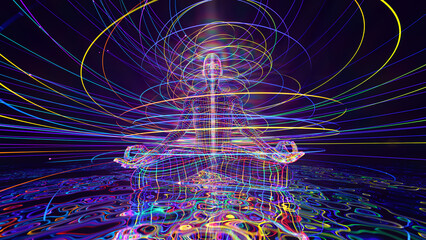 3d illustration of a spirally swirling energy field around a meditating person